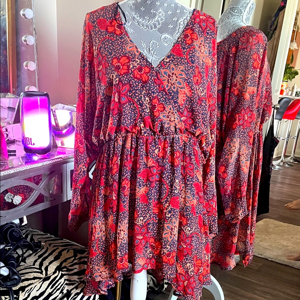 Free people Red and Blue Long Sleeve Dress